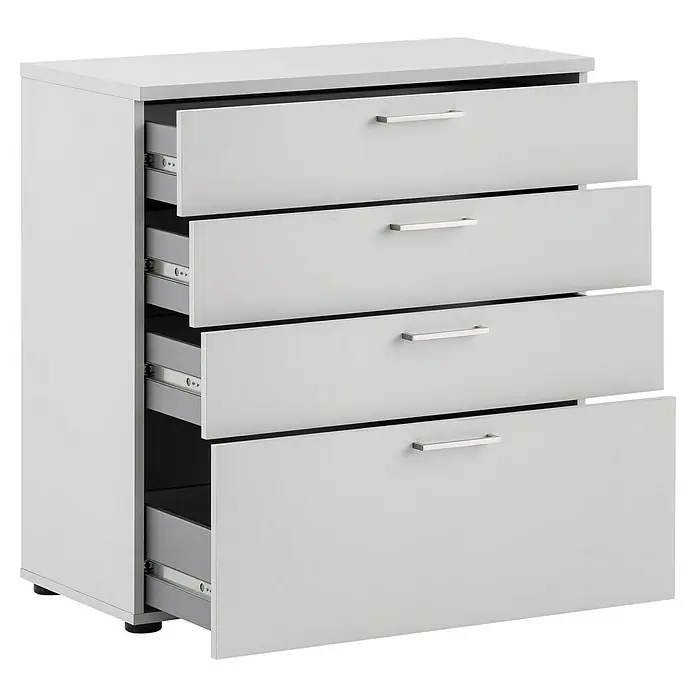 Schildmeyer 1500 Kommode - L x B x H: 41 x 80,2 x 84,2 cm, Lichtgrau, Anzahl Schubladen: 4 Stk. - Kommode mit vier Schubladen im offenen Zustand. Die Schubladen sind weiß und haben silberne Griffe.
