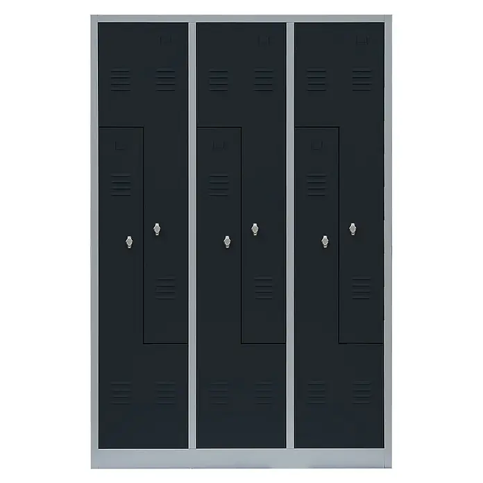 Lüllmann Z-Spind - H x B x T: 180 x 118,5 x 50 cm, Lichtgrau/Anthrazit, Fertig montiert, Anzahl Fächer: 6 Stk. - Schrank mit drei Abteilen und mehreren Fächern. Der Spind ist in dunklen Farben gehalten und hat einen silbernen Rahmen.