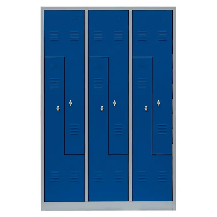 Lüllmann Z-Spind - H x B x T: 180 x 118,5 x 50 cm, Lichtgrau/Enzianblau, Fertig montiert, Anzahl Fächer: 6 Stk. - Blauer Garderobenschrank mit drei Abteilen und silbernem Rahmen. Geeignet für Schulen, Umkleideräume oder Fitnessstudios.