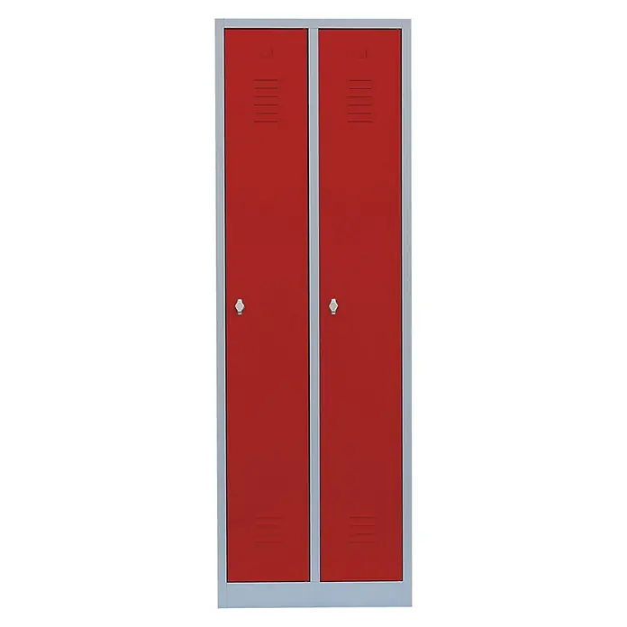 Lüllmann Spind - H x B x T: 180 x 60 x 50 cm, Lichtgrau/Feuerrot, Fertig montiert, Anzahl Fächer: 2 Stk. - Aufnahme eines roten Metallschließfachs mit zwei Türen und silberfarbenem Rahmen, ideal für die Aufbewahrung in Umkleideräumen.