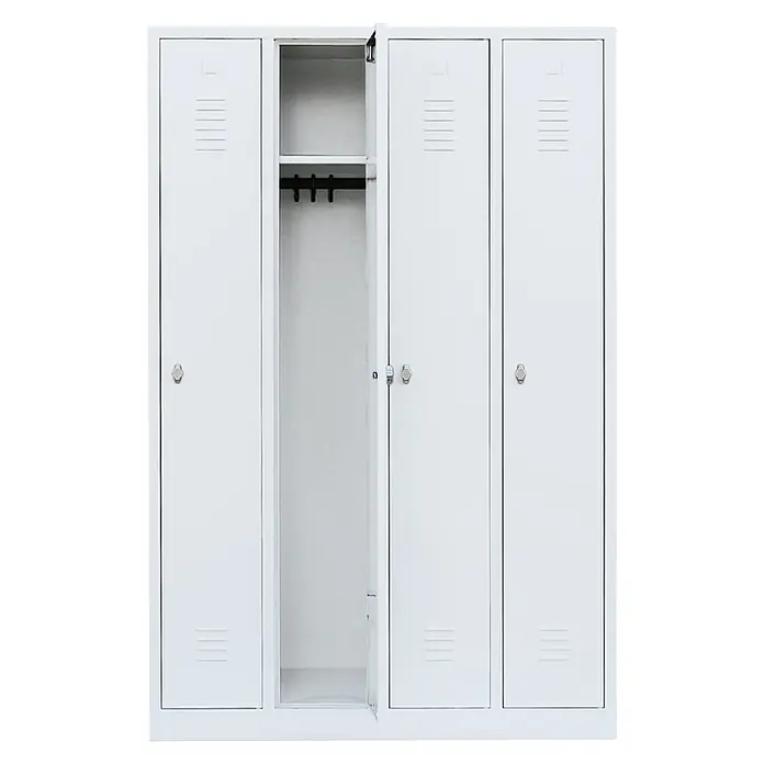 Lüllmann Spind - H x B x T: 180 x 117 x 50 cm, Signalweiß, Fertig montiert, Anzahl Fächer: 4 Stk. - Metall-Garderobenschrank mit vier Abteilen, ein Abteil ist geöffnet und zeigt Kleiderstange und Haken.