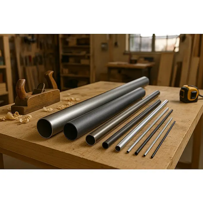 Kantoflex RundrohrØ x L: 10 x 2.000 mm, Aluminium, Silber, Eloxiert - Nahaufnahme verschiedener Metallrohre unterschiedlicher Größe auf einem Holztisch, ideal für DIY-Projekte und handwerkliche Anwendungen.