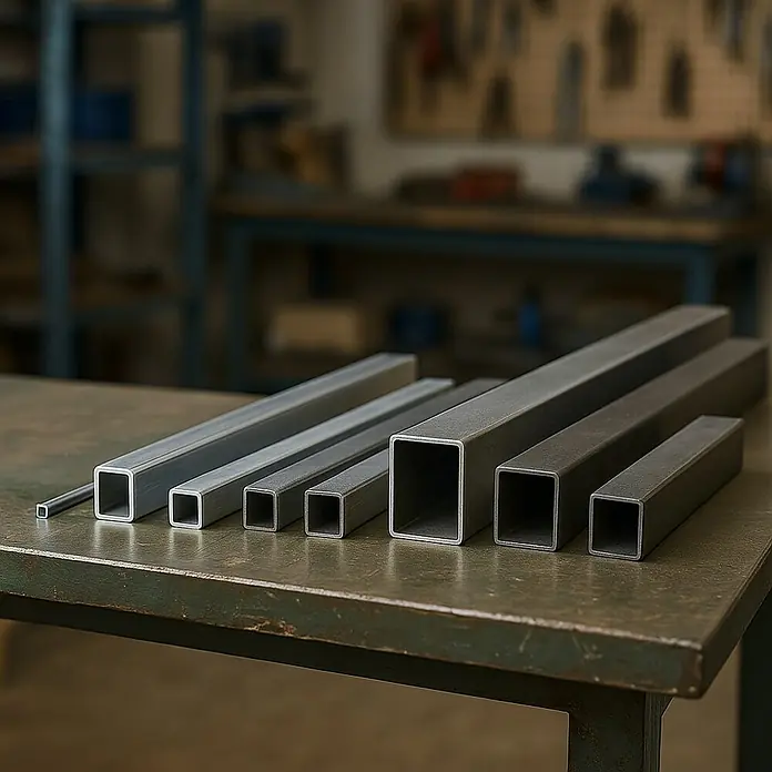 Kantoflex Vierkantrohr - 1.000 x 25 x 25 mm, Stärke: 1,5 mm, Silber - Verschiedene Größen von Vierkantrohren aus Stahl auf einer Werkbank. Ideal für Konstruktionen und Projekte, robust und vielseitig einsetzbar.