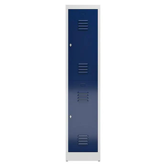 Lüllmann ClassiX Spind - H x B x T: 180 x 41,5 x 50 cm, Lichtgrau/Enzianblau, Fertig montiert, Anzahl Fächer: 2 Stk. - Ein schlanker, blauer Metallschrank mit weißen Rahmen, ideal für Schulen oder Umkleideräume. Praktische Belüftungsschlitze und sichere Schlösser.