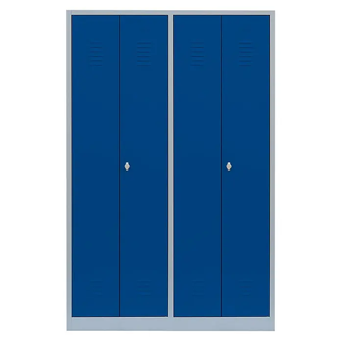 Lüllmann Doppelspind - H x B x T: 180 x 117 x 50 cm, Lichtgrau/Enzianblau, Fertig montiert, Anzahl Fächer: 4 Stk. - Blaue Metallgarderobe mit zwei Abteilen, ideal für Schulen, Fitnessstudios oder Umkleideräume. Solide und platzsparende Aufbewahrungslösung.