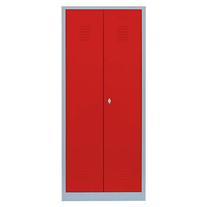 Lüllmann Doppelspind - H x B x T: 180 x 80 x 50 cm, Lichtgrau/Feuerrot, Fertig montiert, Anzahl Fächer: 2 Stk. - Roter Doppelschrank mit silbernem Rahmen, ideal für Schulen und Sportanlagen. Bietet robuste Aufbewahrung und sicheren Verschluss.