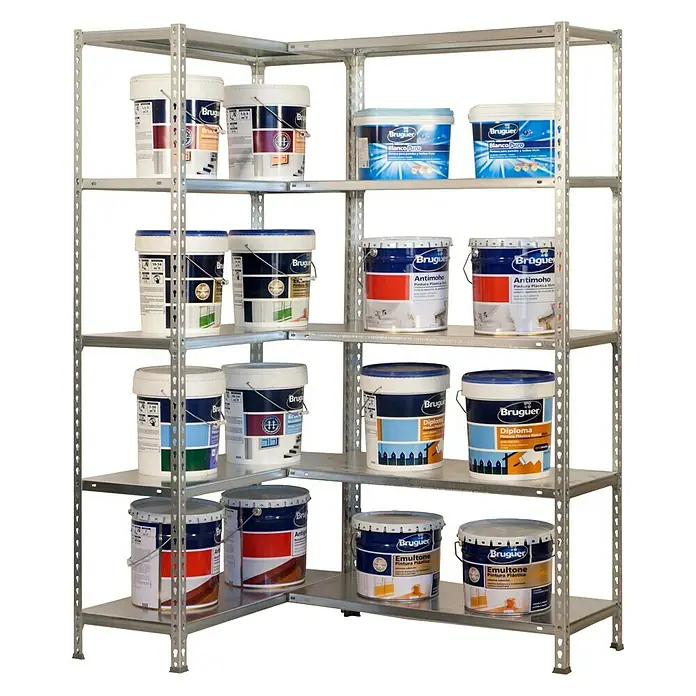 Simonrack Simonclick Abschlussregal Simoncorner - H x B x T: 200 x 140 x 50 cm, Traglast pro Boden: 80 kg, Anzahl Böden: 10 Stk., Stecken, Silber/Silber - Regal mit verschiedenen Bruguer-Farbeimern.