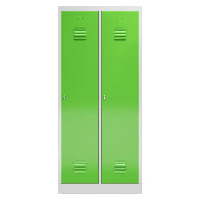 Lüllmann ClassiX Spind mit S/W-Trennung - H x B x T: 180 x 80 x 50 cm, Lichtgrau/Gelbgrün, Fertig montiert, Anzahl Fächer: 2 Stk. - Grüner Metallspind mit zwei Fächern und weißem Rahmen, ideal für Schulen oder Umkleideräume, bietet sichere Aufbewahrung.