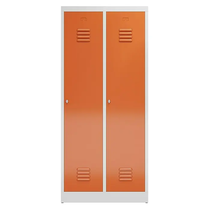 Lüllmann ClassiX Spind mit S/W-Trennung - H x B x T: 180 x 80 x 50 cm, Lichtgrau/Feuerrot, Fertig montiert, Anzahl Fächer: 2 Stk. - Ein doppelter orangefarbener Spind mit weißem Rahmen, der für Schulen oder Sportanlagen geeignet ist und Stauraum bietet.