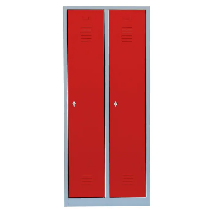 Lüllmann Spind mit S/W-Trennung - H x B x T: 180 x 80 x 50 cm, Lichtgrau/Feuerrot, Fertig montiert, Anzahl Fächer: 2 Stk. - Ein Doppelschrank in Rot mit grauer Umrandung, ideal für die Aufbewahrung in Schulen oder Sporteinrichtungen. Praktisch und robust.