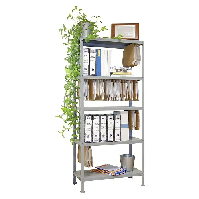 Simonrack Simonhome Metallregal Fileclick Mini - H x B x T: 180 x 80 x 36 cm, Anzahl Böden: 5 Stk., Stecken, Grau/Grau - Regal mit Ordnern, Hängeheftern, einer Pflanze und einem Bilderrahmen für die stilvolle Büroorganisation und Archivierung.