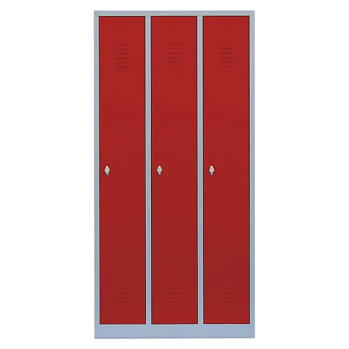 Lüllmann Spind - H x B x T: 180 x 88,5 x 50 cm, Lichtgrau/Feuerrot, Fertig montiert, Anzahl Fächer: 3 Stk. - Rote Metallschränke mit drei Türen und silberfarbenem Rahmen. Ideal für Schulen, Büros oder Umkleideräume zur Aufbewahrung.