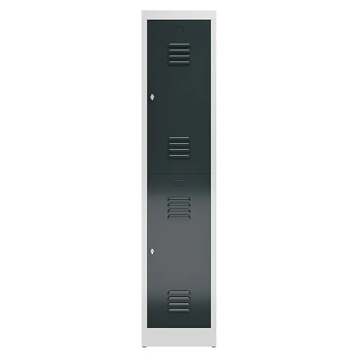Lüllmann ClassiX Spind - H x B x T: 180 x 41,5 x 50 cm, Lichtgrau/Anthrazit, Fertig montiert, Anzahl Fächer: 2 Stk. - Abbildung eines grauen Metallschranks mit weißen Rändern, ideal für Schule oder Büro zur sicheren Aufbewahrung persönlicher Gegenstände.