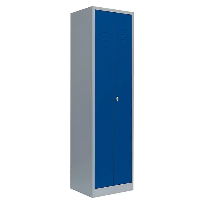 Lüllmann Doppelspind - H x B x T: 180 x 60 x 50 cm, Lichtgrau/Enzianblau, Fertig montiert, Anzahl Fächer: 2 Stk. - Ein blauer Stahlschrank mit zwei Türen, Belüftungsöffnungen und einem Schloss, ideal für Büros oder Schulen. Solide Konstruktion für sichere Aufbewahrung.