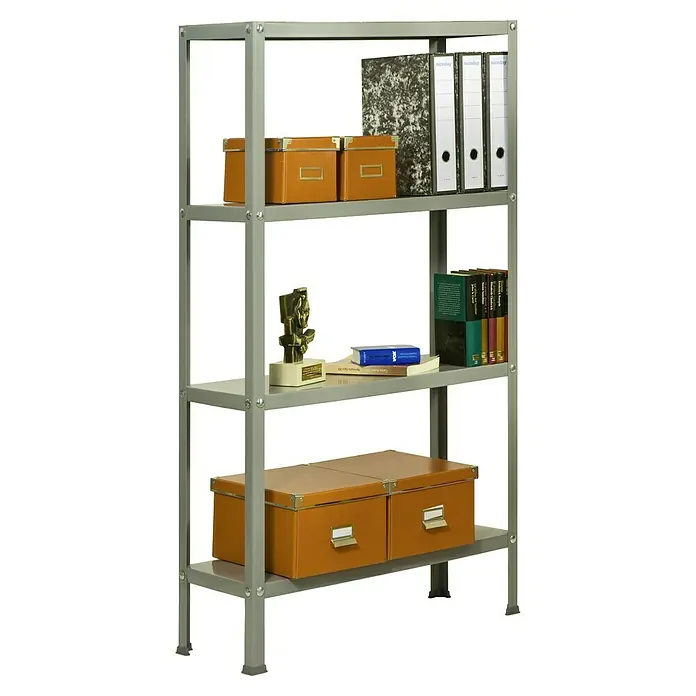 Simonrack Simonhome Metallregal Classic Plus - H x B x T: 160 x 100 x 30 cm, Traglast pro Boden: 100 kg, Anzahl Böden: 4 Stk., Schrauben, Grau/Grau - Ein graues Metallregal mit vier Ebenen, auf denen Aufbewahrungsboxen, Bücher und Aktenordner stehen. Praktisch und stilvoll.