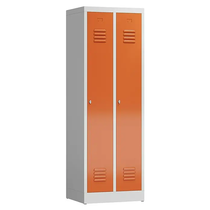 Lüllmann ClassiX Spind - H x B x T: 180 x 59 x 50 cm, Lichtgrau/Feuerrot, Fertig montiert, Anzahl Fächer: 1 Stk. - Zweiflügeliger Metall-Spind in Orange und Grau. Ideal für die sichere Aufbewahrung von persönlichen Gegenständen in Schulen oder Büros.