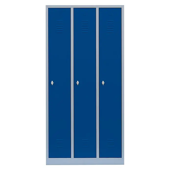 Lüllmann Spind - H x B x T: 180 x 88,5 x 50 cm, Lichtgrau/Enzianblau, Fertig montiert, Anzahl Fächer: 3 Stk. - Dreifach-Spindschrank in Blau und Grau. Ideal für Schulen, Fitnessstudios und Arbeitsplätze zur sicheren Aufbewahrung persönlicher Gegenstände.