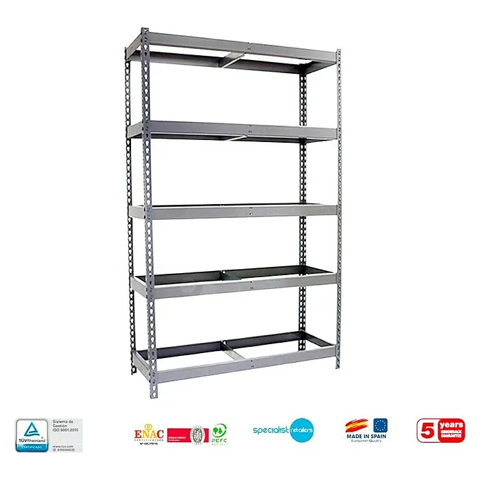 Simonrack Simonforte Estantería para cargas pesadas - Al x An x Pr: 200 x 150 x 90 cm, Número de baldas: 5 ud., Inserción, Galvanizado, Capacidad de carga por balda: 600 kg - Una estantería robusta y gris de alta resistencia con cinco niveles, ideal para almacenamiento y organización en talleres o almacenes.