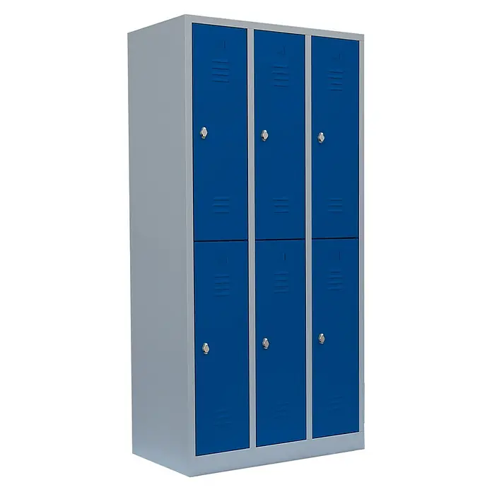 Lüllmann Spind - H x B x T: 180 x 88,5 x 50 cm, Lichtgrau/Enzianblau, Fertig montiert, Anzahl Fächer: 6 Stk. - Blaue Metallgarderobe mit sechs Fächern und silberfarbenem Rahmen, ideal für Sportvereine oder Schulen.