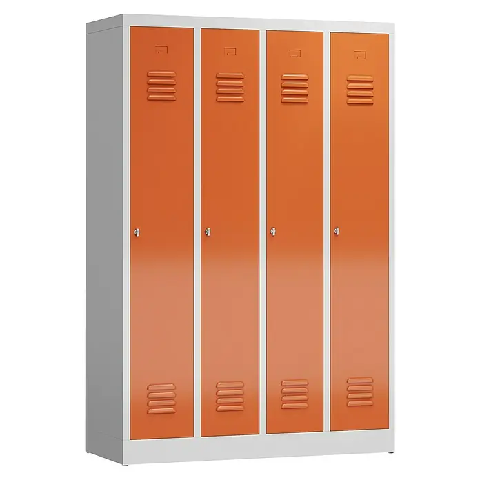 Lüllmann ClassiX Spind - H x B x T: 180 x 118,5 x 50 cm, Lichtgrau/Feuerrot, Fertig montiert, Anzahl Fächer: 1 Stk. - Ein leuchtend orangefarbener Spindschrank mit vier Abteilen, ideal für Umkleideräume oder Schulen, bietet sicheren Stauraum.