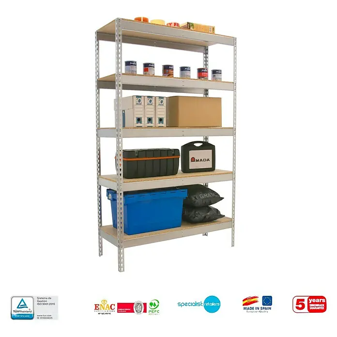 Simonrack Simontaller Estantería para cargas pesadas Chipboard - Al x An x Pr: 200 x 180 x 45 cm, Capacidad de carga por balda: 400 kg, Número de baldas: 5 ud., Inserción, Galvanizado - Una estantería con cinco estantes, cargada con diversos artículos como cajas, recipientes y botes de pintura.