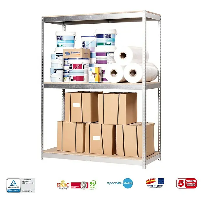 Simonrack Simontaller Estantería para cargas pesadas Chipboard - Al x An x Pr: 200 x 180 x 45 cm, Capacidad de carga por balda: 400 kg, Número de baldas: 3 ud., Inserción, Galvanizado - Estantería metálica robusta de tres niveles, cargada con cubos de pintura, rollos y cajas, ideal para el almacenamiento y la organización.
