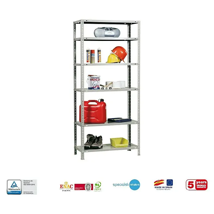 Simonrack Simonclassic Estantería metálica Advantage - Al x An x Pr: 200 x 90 x 40 cm, Capacidad de carga por balda: 75 kg, Número de baldas: 6 ud., Atornillado, Galvanizado - El producto mostrado es una estantería con cinco compartimentos y diversos elementos sobre ella.