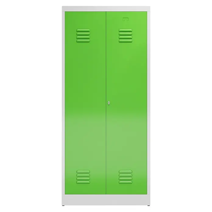 Lüllmann ClassiX Doppelspind - H x B x T: 180 x 80 x 50 cm, Lichtgrau/Gelbgrün, Fertig montiert, Anzahl Fächer: 2 Stk. - Grüner Metallschrank mit zwei Türen und Belüftungsschlitzen, ideal für Schule oder Arbeitsplatz zur sicheren Aufbewahrung persönlicher Gegenstände.