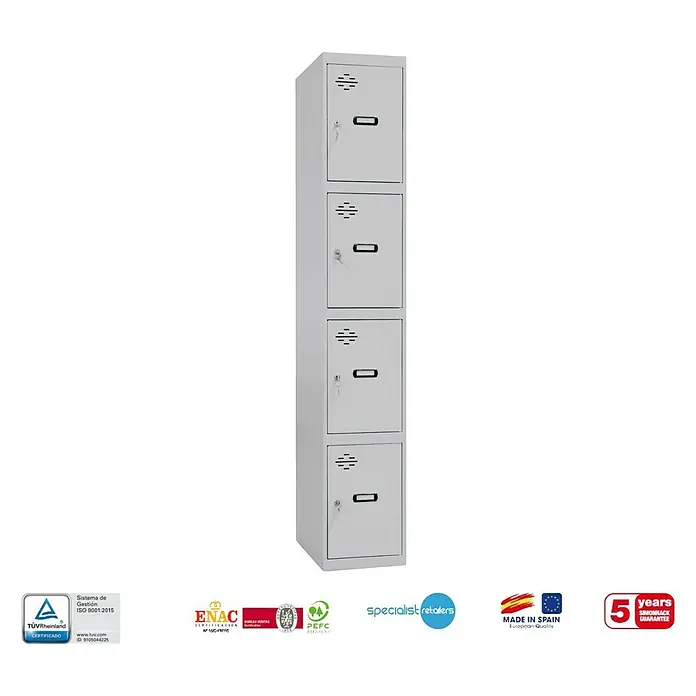 Simonrack Simonlocker Taquilla locker Prof. Inicial Desmontada - L x An x Pr: 50 x 40 x 50 cm, Gris/Gris, Número de puertas: 4 ud. - Un armario metálico gris con cuatro compartimentos apilados verticalmente, ideal para almacenamiento seguro.