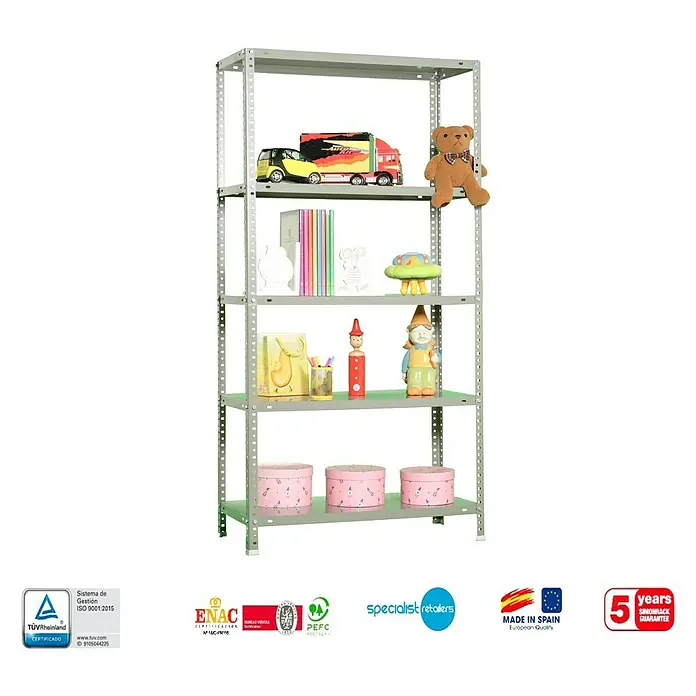 Simonrack Simonclassic Estantería metálica Comfort Plus - Al x An x Pr: 200 x 100 x 40 cm, Capacidad de carga por balda: 100 kg, Número de baldas: 5 ud., Atornillado, Gris - Imagen de una estantería modular ajustable de alta resistencia con cinco niveles, cargada con accesorios para habitación infantil.