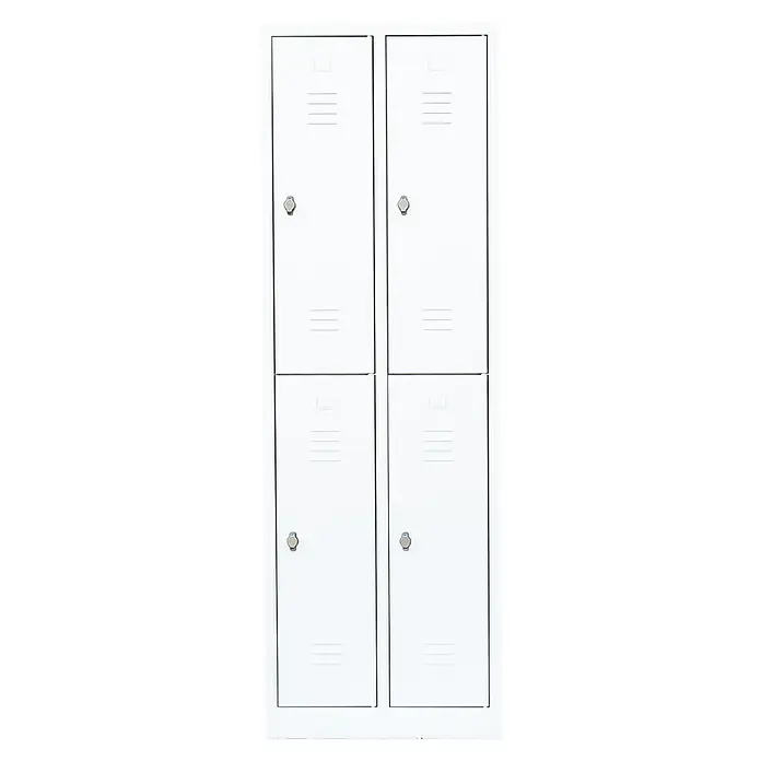 Lüllmann Spind - H x B x T: 180 x 60 x 50 cm, Signalweiß, Fertig montiert, Anzahl Fächer: 4 Stk. - Ein Schrank mit vier Türen, ideal für Schulen oder Umkleideräume, bietet sichere Aufbewahrung und Ordnung. Der Schrank ist weiß.