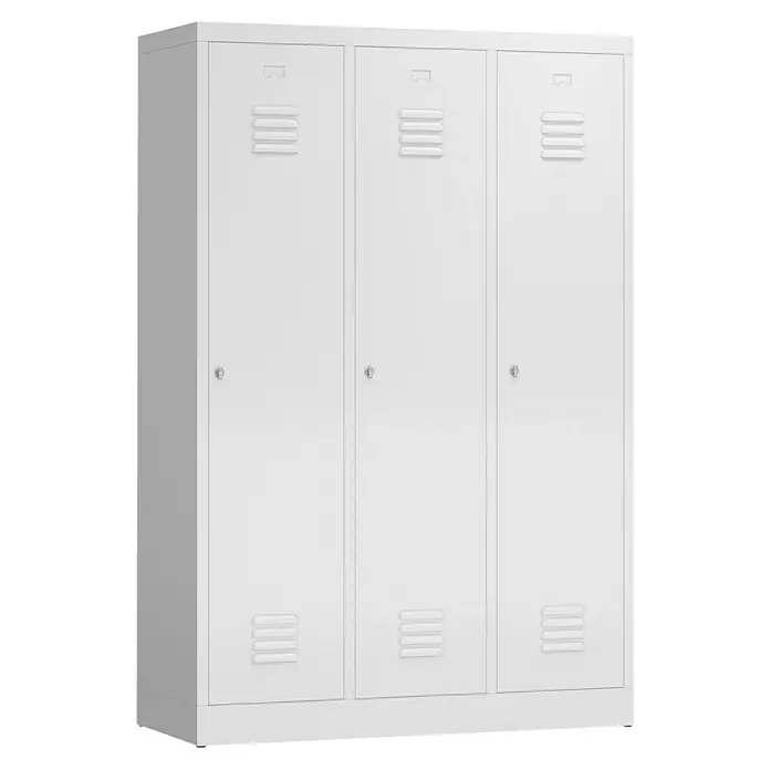 Lüllmann ClassiX Spind mit S/W-Trennung - H x B x T: 180 x 118,5 x 50 cm, Signalweiß, Fertig montiert, Anzahl Fächer: 3 Stk. - Ein weißer Metallspind mit drei Türen und Lüftungsschlitzen für sichere Aufbewahrung in Schulen oder Büros.