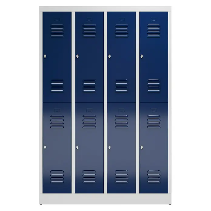 Lüllmann ClassiX Spind - H x B x T: 180 x 118,5 x 50 cm, Lichtgrau/Enzianblau, Fertig montiert, Anzahl Fächer: 8 Stk. - Blaue Metall-Schließfächer in einem weißen Rahmen, ideal für Schulen oder Sporteinrichtungen zur sicheren Aufbewahrung persönlicher Gegenstände.