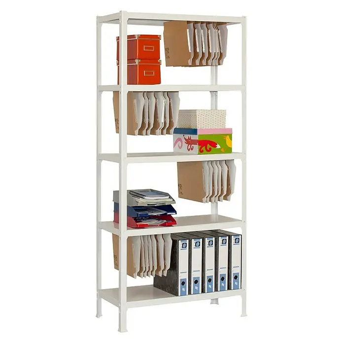 Simonrack Simonhome Metallregal Fileclick Mini - H x B x T: 180 x 80 x 36 cm, Anzahl Böden: 5 Stk., Stecken, Weiß/Weiß - Aufnahme eines weißen Regals mit Aktenordnern, Boxen und Papierablagen, ideal für Büroorganisation und Stauraum.