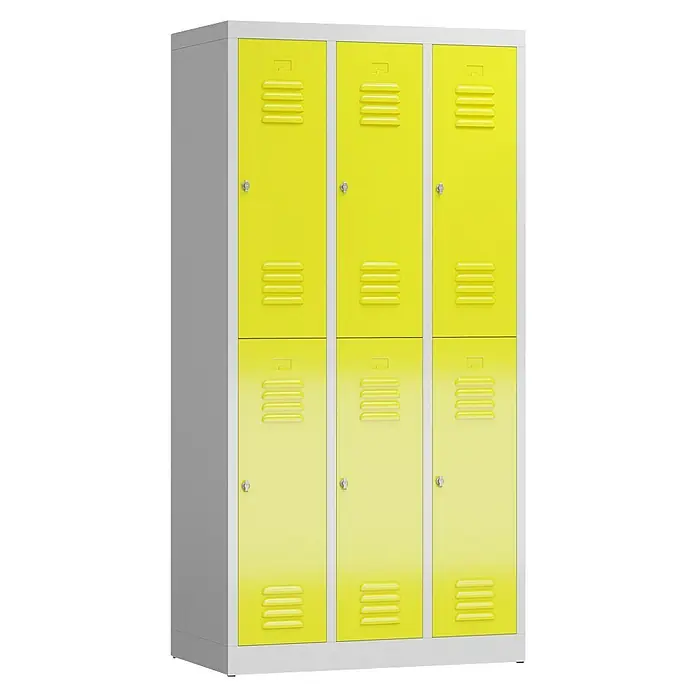 Lüllmann ClassiX Spind - H x B x T: 180 x 87 x 50 cm, Lichtgrau/Zinkgelb, Fertig montiert, Anzahl Fächer: 6 Stk. - Gelber Spindschrank mit sechs Fächern und grauem Rahmen für eine stilvolle Aufbewahrungslösung.