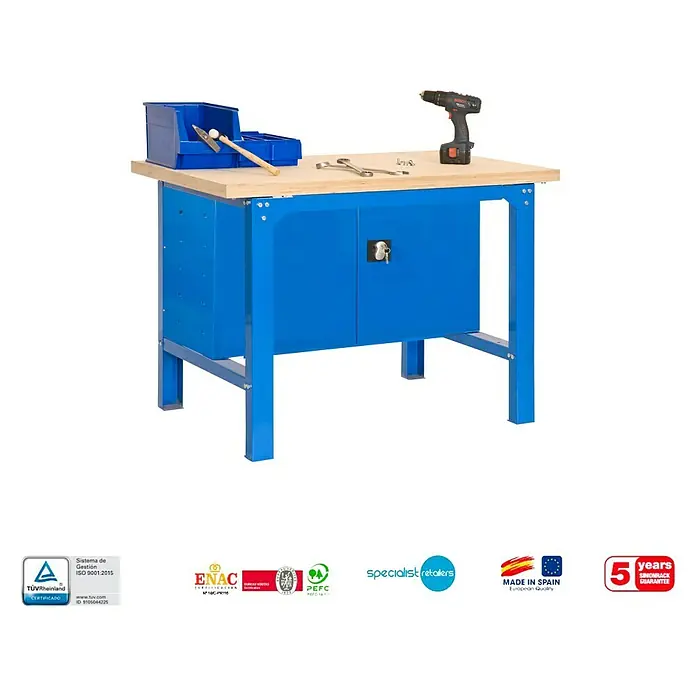 Simonrack Simonwork Banco de trabajo BT6 Cabinet - L x An: 76 x 120 cm, Altura de trabajo: 86,5 cm, Carga soportada: 600 kg, Azul - Banco de trabajo azul con tablero de madera, ideal para trabajos de taller. Práctico y robusto para aficionados y profesionales.