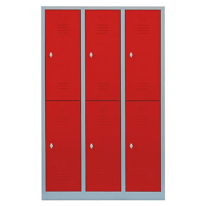 Lüllmann Spind - H x B x T: 180 x 118,5 x 50 cm, Lichtgrau/Feuerrot, Fertig montiert, Anzahl Fächer: 6 Stk. - Rote Metallschränke mit sechs Fächern, ideal für Schulen oder Umkleideräume, bieten eine sichere Aufbewahrungsmöglichkeit.