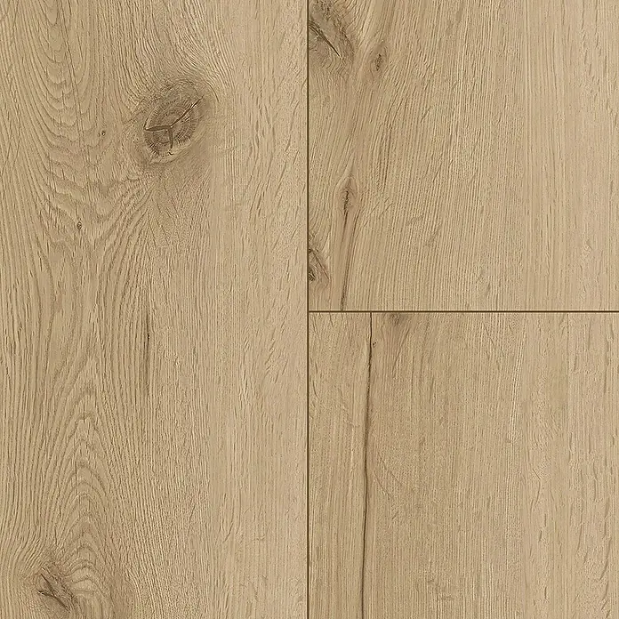 Vinylboden Rigid - Eiche Broendby, Landhausdiele, 1.220 x 229 x 4 mm - Nahaufnahme von hellem Laminatboden mit Holzmaserung und Astlöchern, ideal für moderne Innenräume.