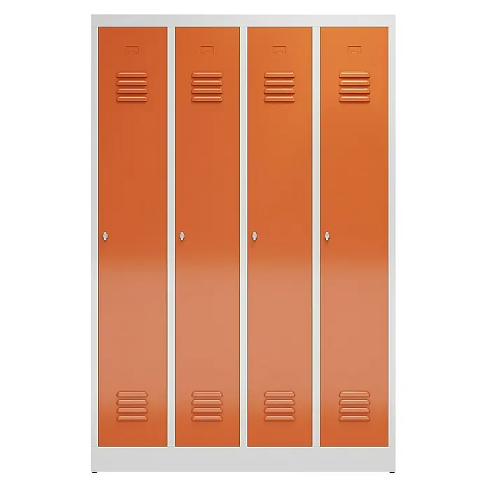 Lüllmann ClassiX Spind - H x B x T: 180 x 118,5 x 50 cm, Lichtgrau/Feuerrot, Fertig montiert, Anzahl Fächer: 1 Stk. - Orangefarbener Spindschrank mit vier Türen und weißen Rahmen, ideal für Umkleideräume, Schulen oder Fitnessstudios. Praktische Aufbewahrungslösung.