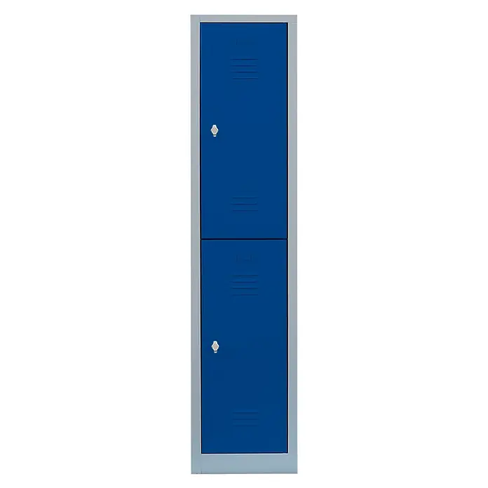 Lüllmann Spind - H x B x T: 180 x 41,5 x 50 cm, Lichtgrau/Enzianblau, Fertig montiert, Anzahl Fächer: 2 Stk. - Schrank mit 2 blauen Fächern. Der Metallschrank ist ideal für Schulen, Büros und Fitnessstudios und bietet sicheren Stauraum für persönliche Gegenstände.