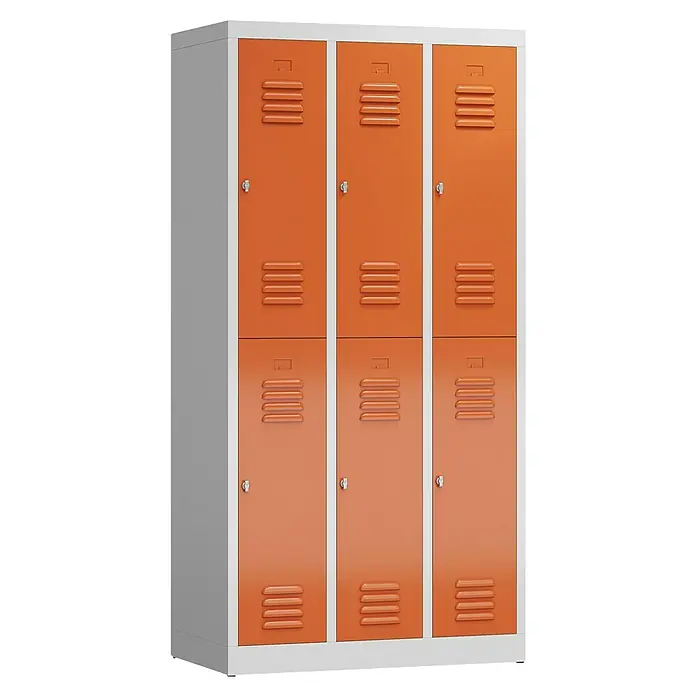 Lüllmann ClassiX Spind - H x B x T: 180 x 87 x 50 cm, Lichtgrau/Feuerrot, Fertig montiert, Anzahl Fächer: 6 Stk. - Ein Schrank mit sechs orangefarbenen Fächern mit grauem Rahmen. Ideal für Schulen oder Umkleideräume.