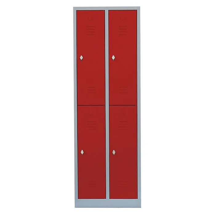Lüllmann Spind - H x B x T: 180 x 60 x 50 cm, Lichtgrau/Feuerrot, Fertig montiert, Anzahl Fächer: 4 Stk. - Rote Metallspinde mit vier Fächern und silbernem Rahmen. Ideal für Schulen, Sportvereine oder Büros. Praktische Aufbewahrungslösung.