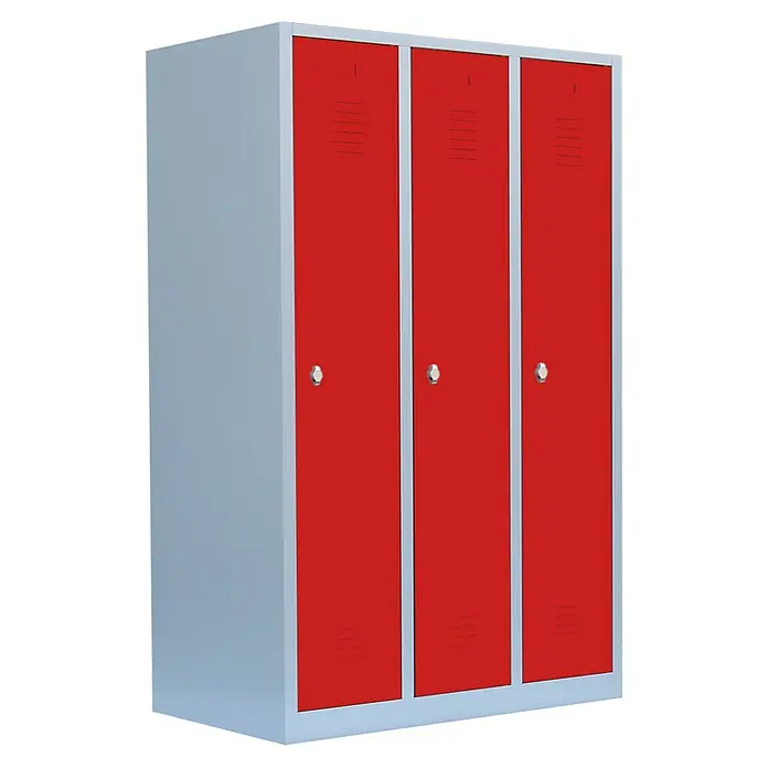 Lüllmann Spind mit S/W-Trennung - H x B x T: 180 x 118,5 x 50 cm, Lichtgrau/Feuerrot, Fertig montiert, Anzahl Fächer: 3 Stk. - Dreifache Metallgarderobe mit roten Türen und silbernem Rahmen für sichere Aufbewahrung.