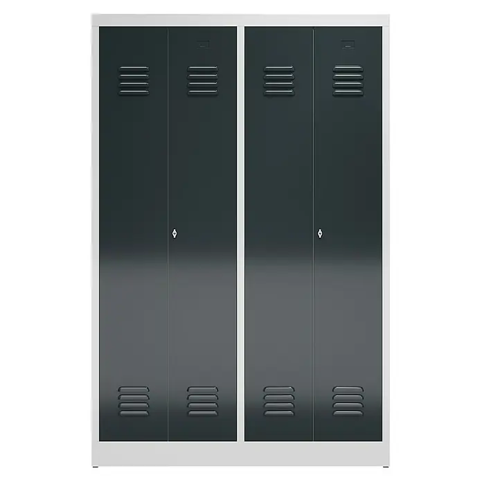 Lüllmann ClassiX Doppelspind - H x B x T: 180 x 118,5 x 50 cm, Lichtgrau/Anthrazit, Fertig montiert, Anzahl Fächer: 4 Stk. - Graue Metallschränke mit weißen Rahmen, ideal für Schulen oder Sportanlagen zur sicheren Aufbewahrung persönlicher Gegenstände.
