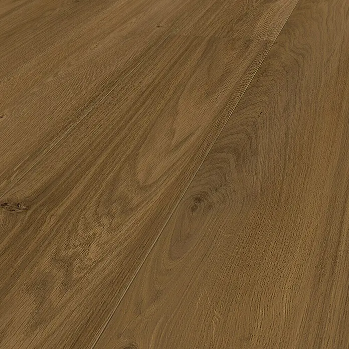 Vinylboden Rigid - Dark Walnut, Landhausdiele, 1.220 x 180 x 3,5 mm - Nahaufnahme von hellbraunem Laminatboden, der die natürliche Holzstruktur und die warmen Farbtöne des Bodenbelags hervorhebt.