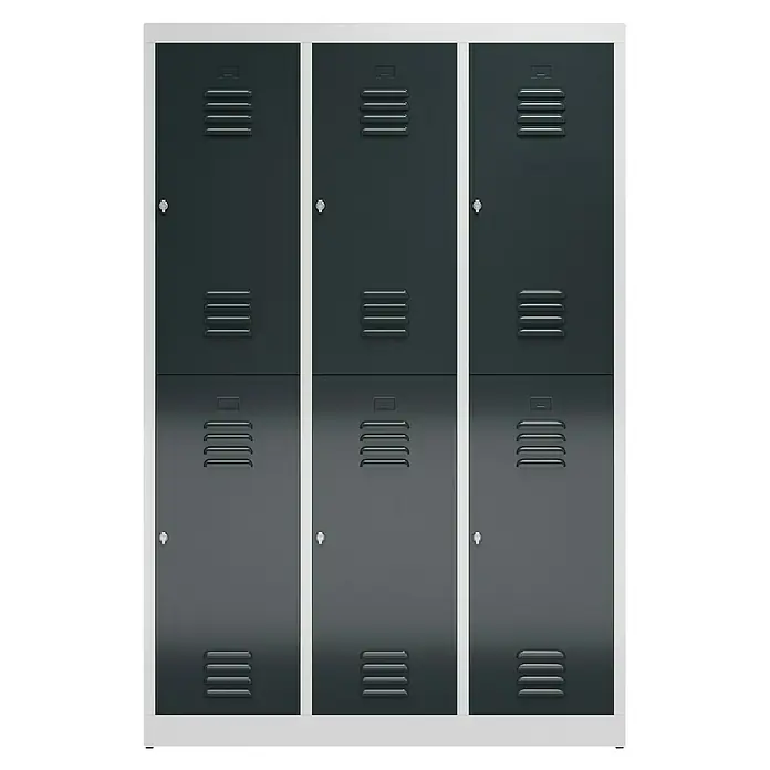 Lüllmann ClassiX Spind - H x B x T: 180 x 118,5 x 50 cm, Lichtgrau/Anthrazit, Fertig montiert, Anzahl Fächer: 6 Stk. - Abbildung eines grauen Metallspinds mit weißem Rahmen, ideal für die Aufbewahrung von Gegenständen in Schulen oder Umkleideräumen.