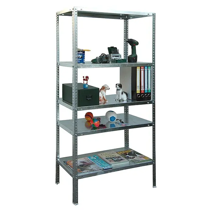 Simonrack Simonclassic Estantería metálica Advantage - Al x An x Pr: 180 x 90 x 30 cm, Capacidad de carga por balda: 75 kg, Número de baldas: 5 ud., Atornillado, Galvanizado - Foto de producto de una estantería metálica de cinco niveles con diversos objetos, sobre un fondo neutro.