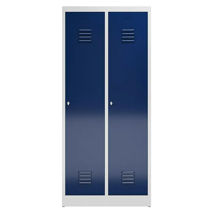 Lüllmann ClassiX Spind mit S/W-Trennung - H x B x T: 180 x 80 x 50 cm, Lichtgrau/Enzianblau, Fertig montiert, Anzahl Fächer: 2 Stk. - Doppelschrank mit weißen Rahmen und blauen Türen mit Lüftungsschlitzen und Drehriegelverschlüssen. Ideal für Sportanlagen.