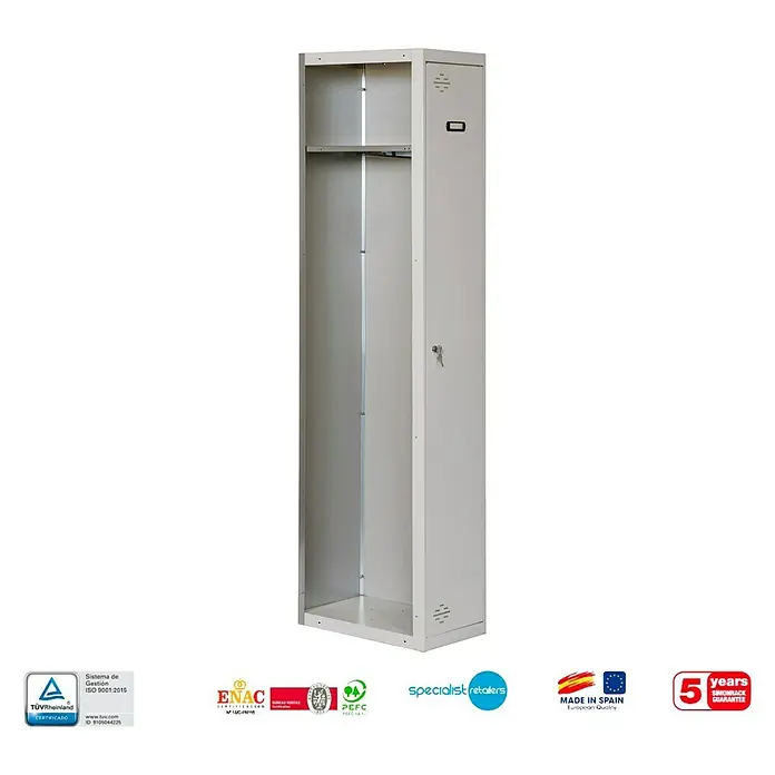 Simonrack Simonlocker Taquilla DIY Single Adicional - 50 x 40 x 180 cm, Número de puertas: 1 ud. - Imagen de un armario metálico gris con estante y cerradura, ideal para oficina o taller para guardar artículos de forma segura.