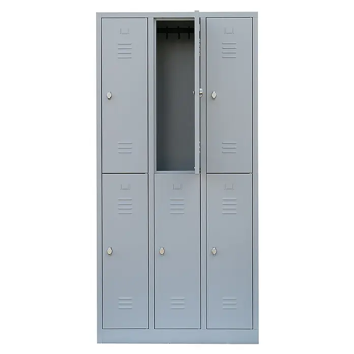 Lüllmann Spind - H x B x T: 180 x 88,5 x 50 cm, Lichtgrau, Fertig montiert, Anzahl Fächer: 6 Stk. - Grauer Metallschrank mit sechs Fächern, eines davon ist geöffnet und zeigt den Innenraum mit Haken.